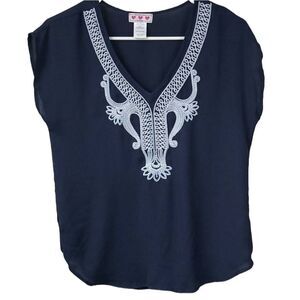 Trixxi Three Pink Hearts Navy Blue Embroidered Dolman Chiffon V-neck Blouse XS